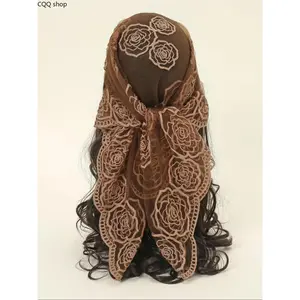 Floral Embroidered Mesh Bandana with Scallop Trim, classic boho style. Lightweight all-season scarf, trendy women's accessory for daily outfits and casual occasions