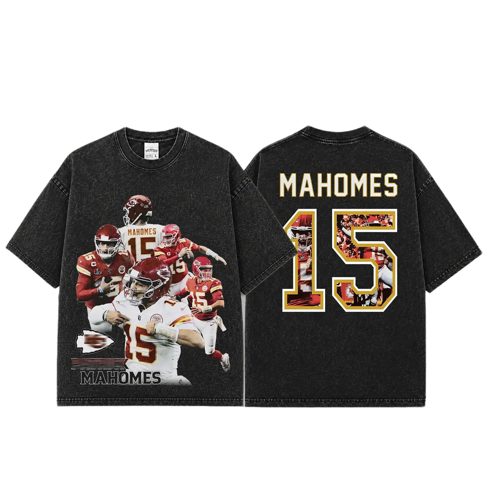 [Go-Sports] Patrick Magic Mahomes 15 Premium Acid Washed Cotton T-Shirt, Chiefs Kingdom Apparel, Mahomes Football Fans Streetwear Tee, Gift For Football Fan Graphic Tee T-Shirt,90s graphic good tees Casual American Short Sleeve Unisex T-shirt, Streetwear