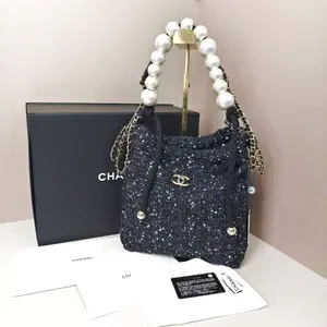 Pre-owned CHANEL Tweed/Sequin Shoulder Bags Pearl Drawstring Chain Bag Black/Navy CPU0927