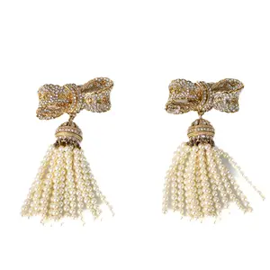 Pre-owned DOLCE & GABBANA Metal Bag Accessories Gold Pearl Bow Earrings IB26020394