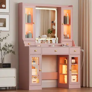 PINK Vanity Desk with Mirror and Lights, Makeup Vanity Table with Lighted Mirror, 5 Drawers & RGB Cabinet, Dressing Table Set with Charging Station for Girls Bedroom, 3 Lighting Modes