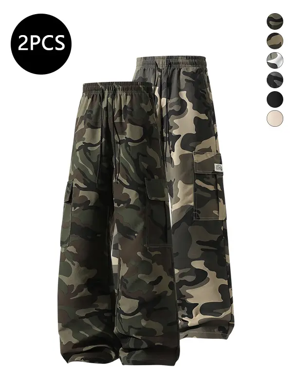 Men’s autumn baggy wide-leg sweatpants — multi-pocket cargo athletic long pants with camouflage print, straight-cut trendy casual design