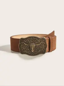 Women's Vintage Cow Head Design Buckle Belt, Fashionable Pu Leather Belt for Jeans & Dress, Casual Waistband for Daily Use, Western Buckle Belt, Western Style Belt, Cowgirl Belt