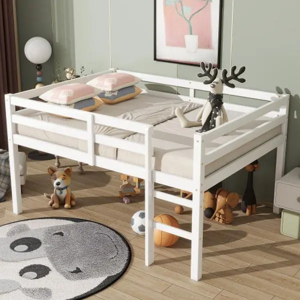 Espresso + Rubber Wood + Full Rectangular Classic Loft Bed - Minimalist Single Person Furniture, Modern Low-Height Construction, Sturdy High Guardrails, Spacious Under-Bed Storage, Wide Ladder, Easy Setup, Convenient Package, Assembly Required