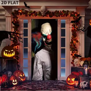 1 Count 2D FLAT Clown Halloween Banner, Clown Decorations Scary Ghost Door Cover 79 x 35 Inches Creepy Window banner Garage Door Backdrop for Halloween Party Favors Home Decor(Clown), Halloween Decorations Hanging Banner Front Door Porch Yard Sign