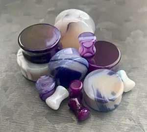 PAIR of Unique Purple Striped Agate Double Flare Organic Stone Plugs - ONLY 22MM LEFT!