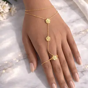 Hand Chain with Gold Clover Charms and Adjustable Chain for Stylish Hand Jewelry