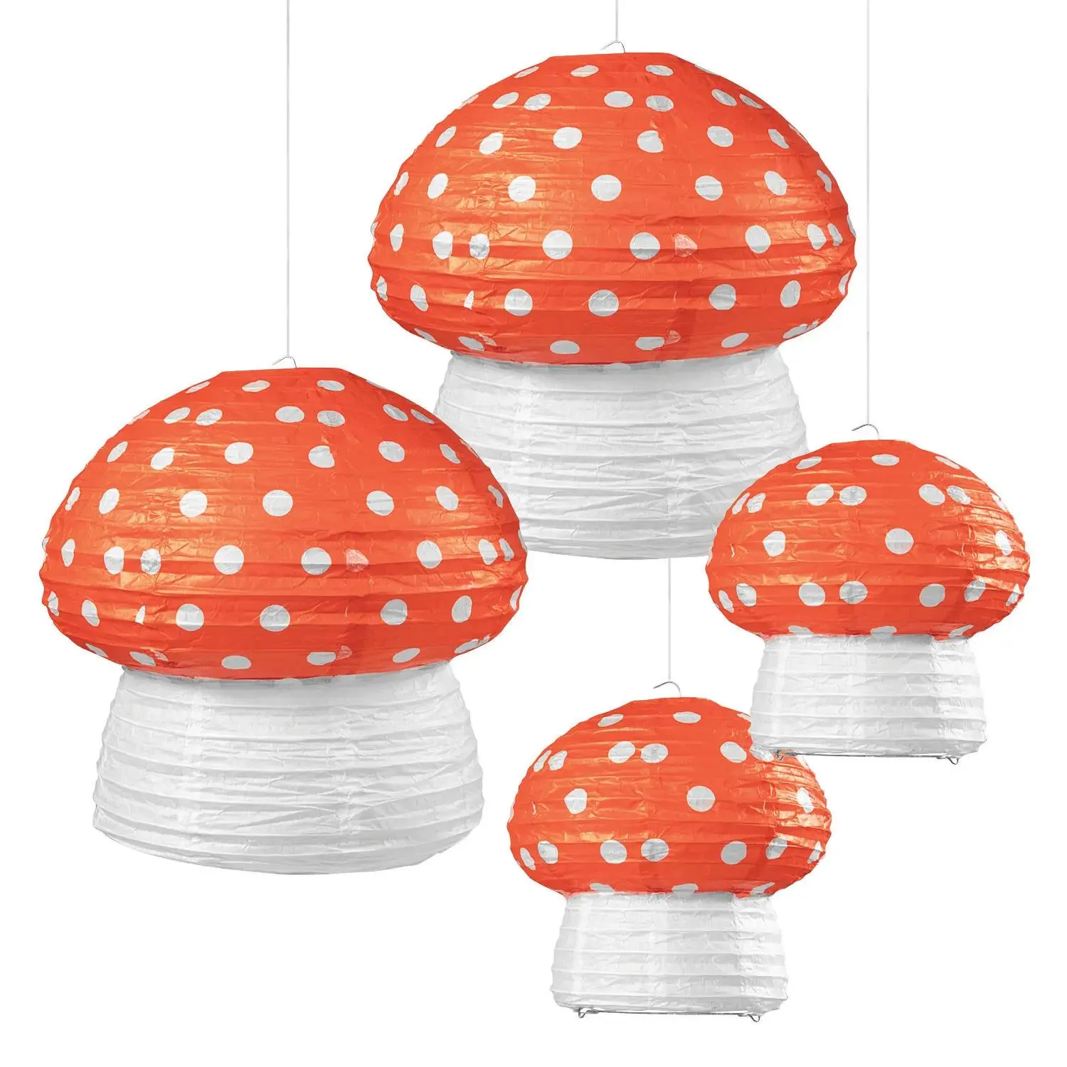 Whimsical Forest Theme Reusable Tissue Paper Mushroom Hanging Lanterns - 14.5 in, 4 Pc, Backdrop Decor for Home Supplies, Round Mushrooms