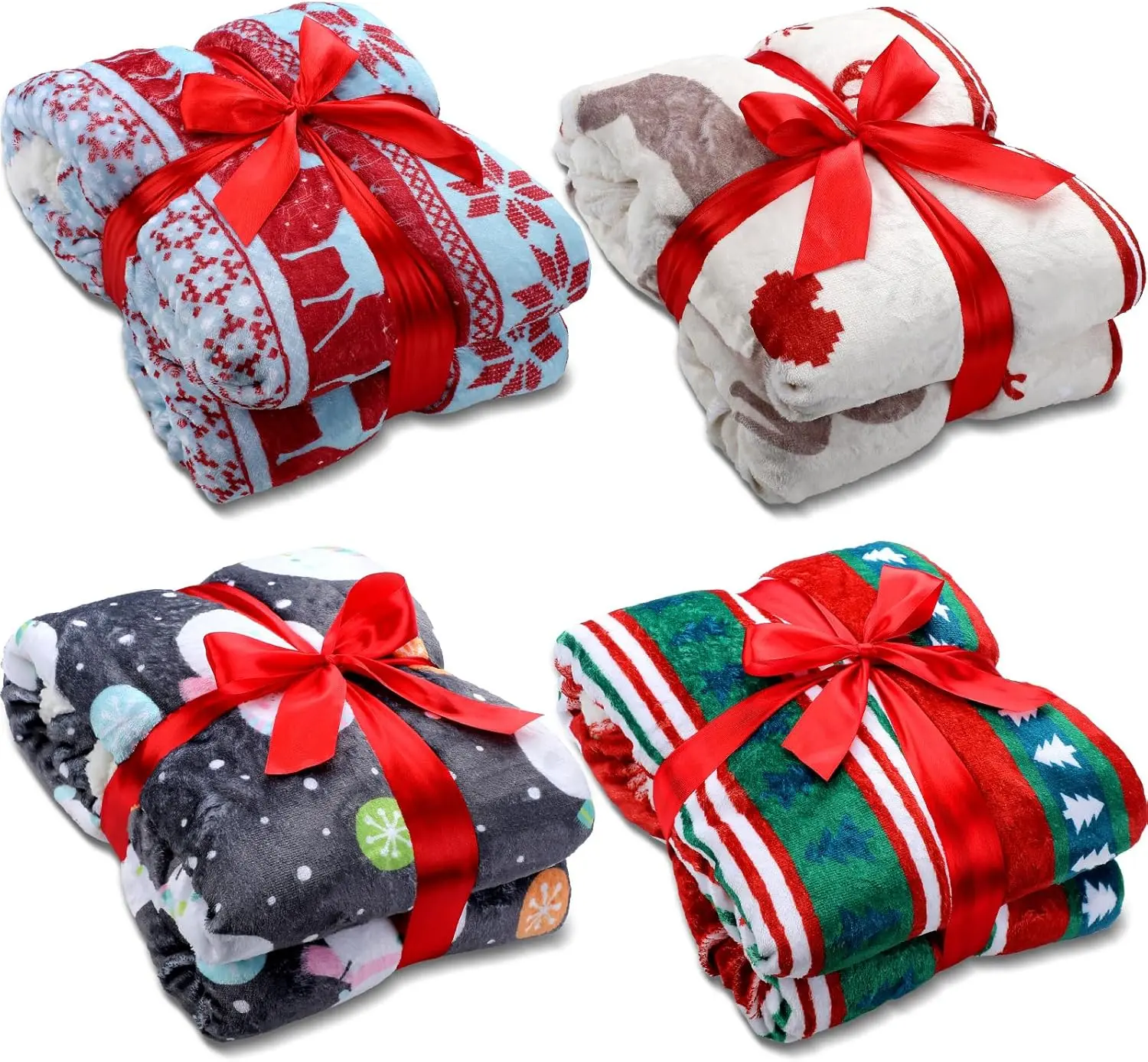 4 count Christmas Fleece Throw Blanket Bulk 50'' x 60'' Plush 380 GMS Soft Thick Cozy Throw Blanket Fuzzy Microfiber Holiday Printed Blanket for Couch Sofa Bed Xmas Decor Gifts