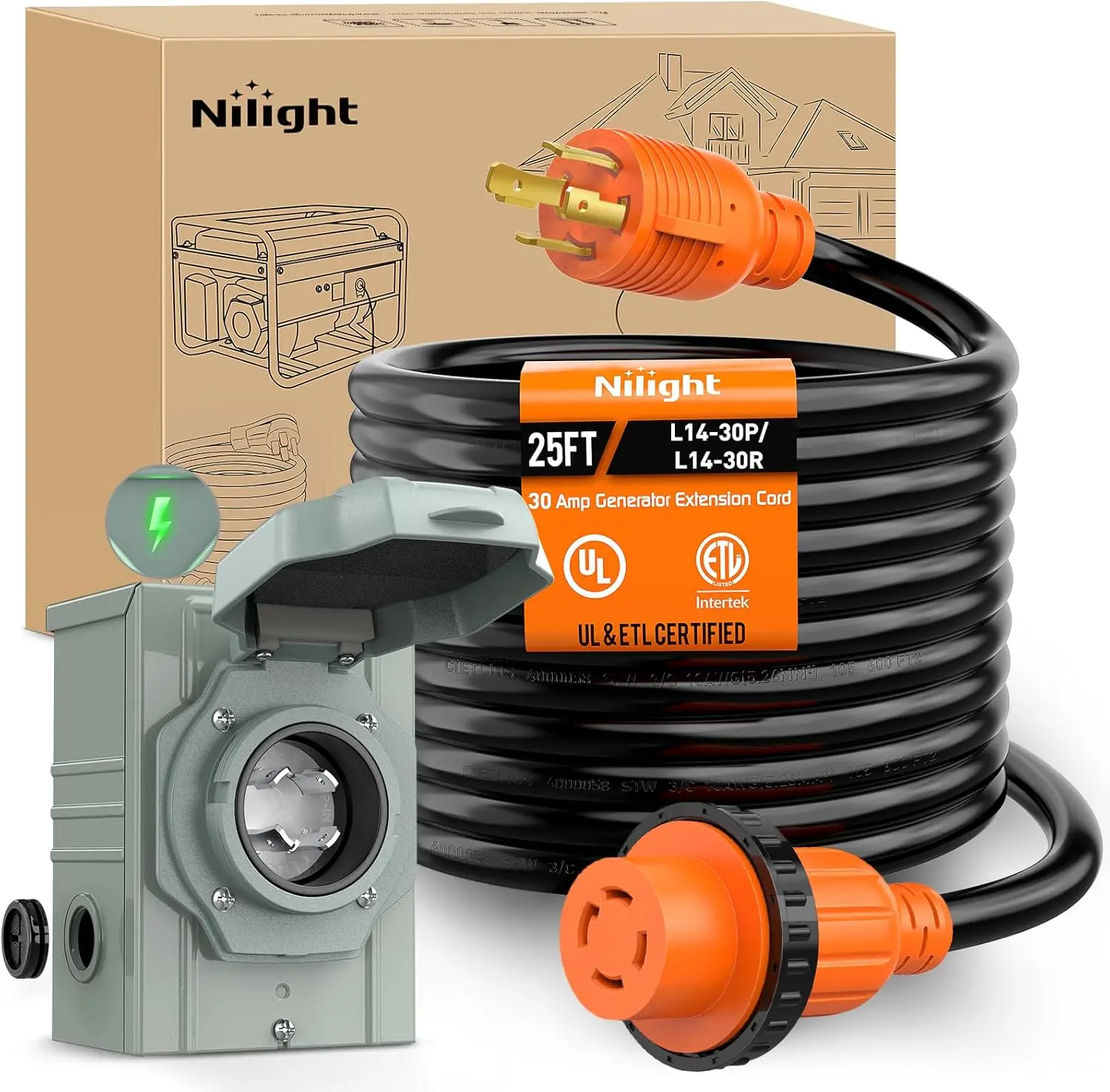 Nilight Heavy-Duty Generator Extension Cord Kit - 30A 25FT 10-Gauge STW Copper Wire, 125/250V 7500W, ETL Listed, 4-Prong L14-30P/L14-30R Locking Plug, Power Inlet Box for Motorhomes, Outdoor Use