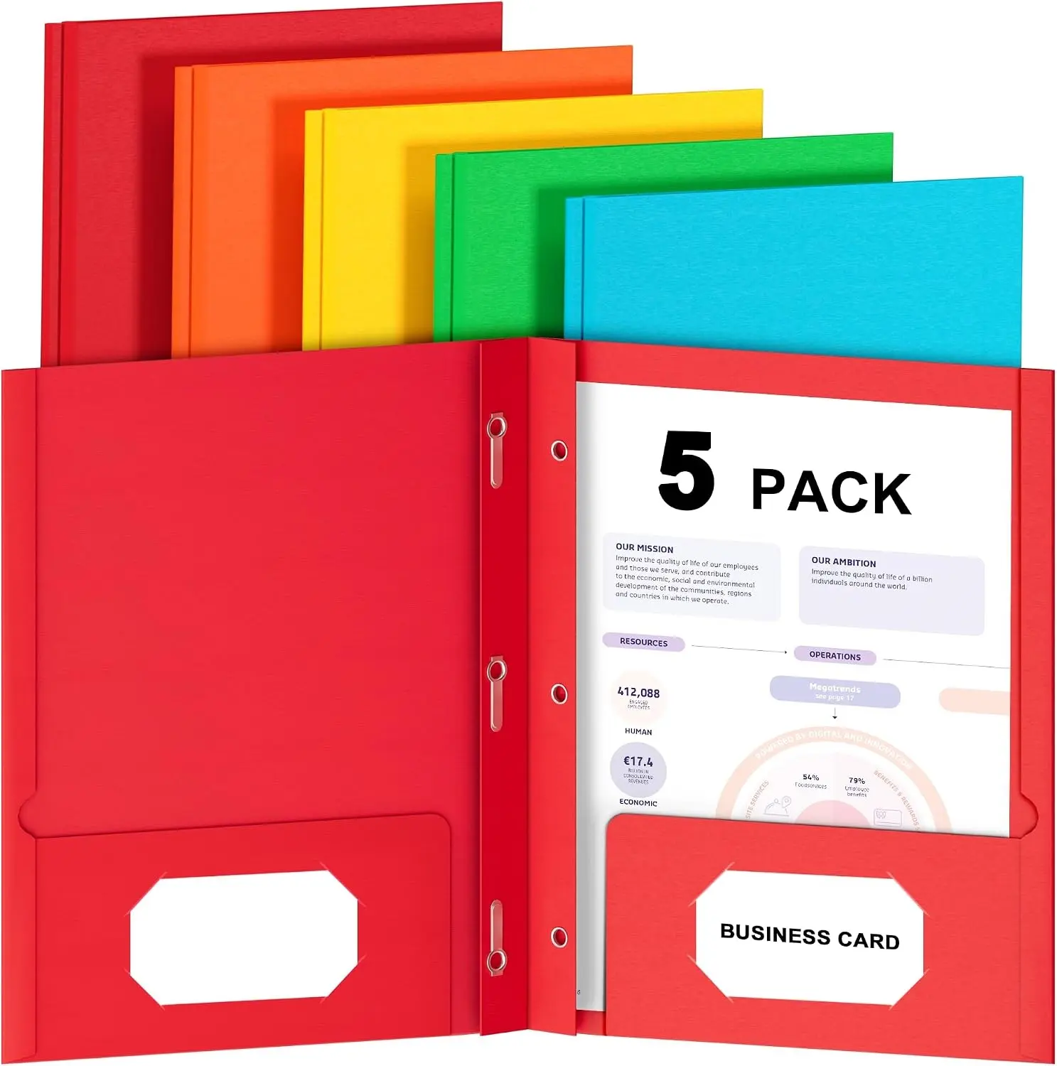 5-Pack - 2 Pocket Folders with Prongs, Paper Folders with Pockets and Prongs | File Folders with Fasteners, Heavy Duty, Two Pocket 3 Prong Folders, for Office, School, Letter Size, 5 Bright Colors