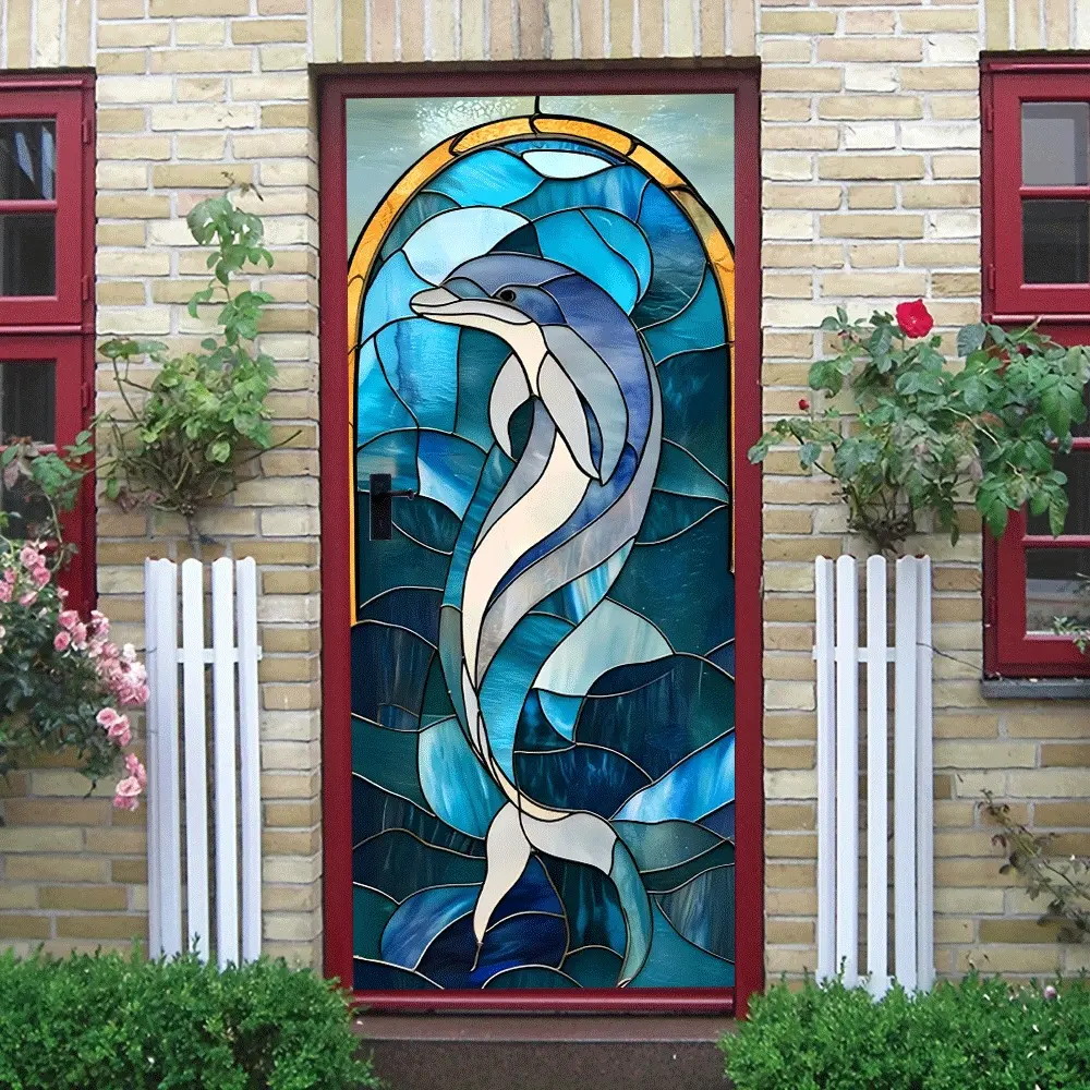 2pcs Stained Glass Style Dolphin Wall Sticker Environmental PVC Material with Gradient Blue Tones Vivid Dolphin and Wave Patterns Self Adhesive Easy to Apply on Doors Windows Walls No Tools Needed Oc