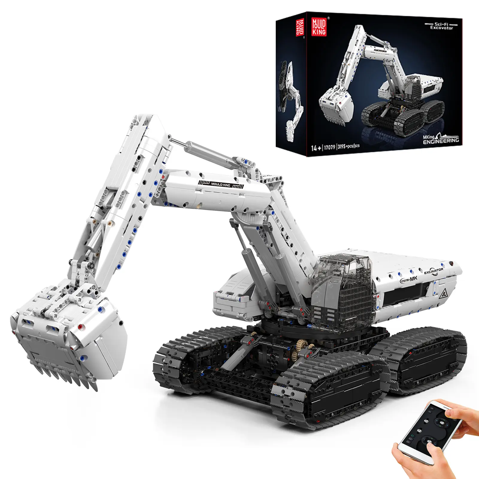 Mould King 17079 White Sci-fi Remote Control Excavator Engineering Vehicle Buildable Blocks Kit, 3195-Piece Collectible Construction Set, Bricks and Minifigs for Open Ended Play Construction Model Toy, Plastic Bricks