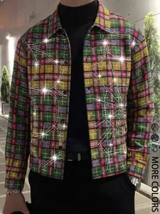 Men's Vintage Plaid Shirt with Rhinestones, Street Style Fashion, Casual Long Sleeve, Soft Comfortable Fabric, Casual Stylish Menswear