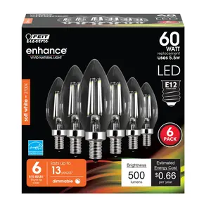 Feit Electric 60 Watt Replacement Soft White 2700K E12 Base B10 Dimmable LED Light Bulb 6 Pack