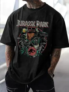 Men's Regular Fit Jurassic Park Casual Graphic Design Round Neck Tee, Streetwear Short Sleeve T-shirt for Summer, Men's Top for Daily Wear, Tropical