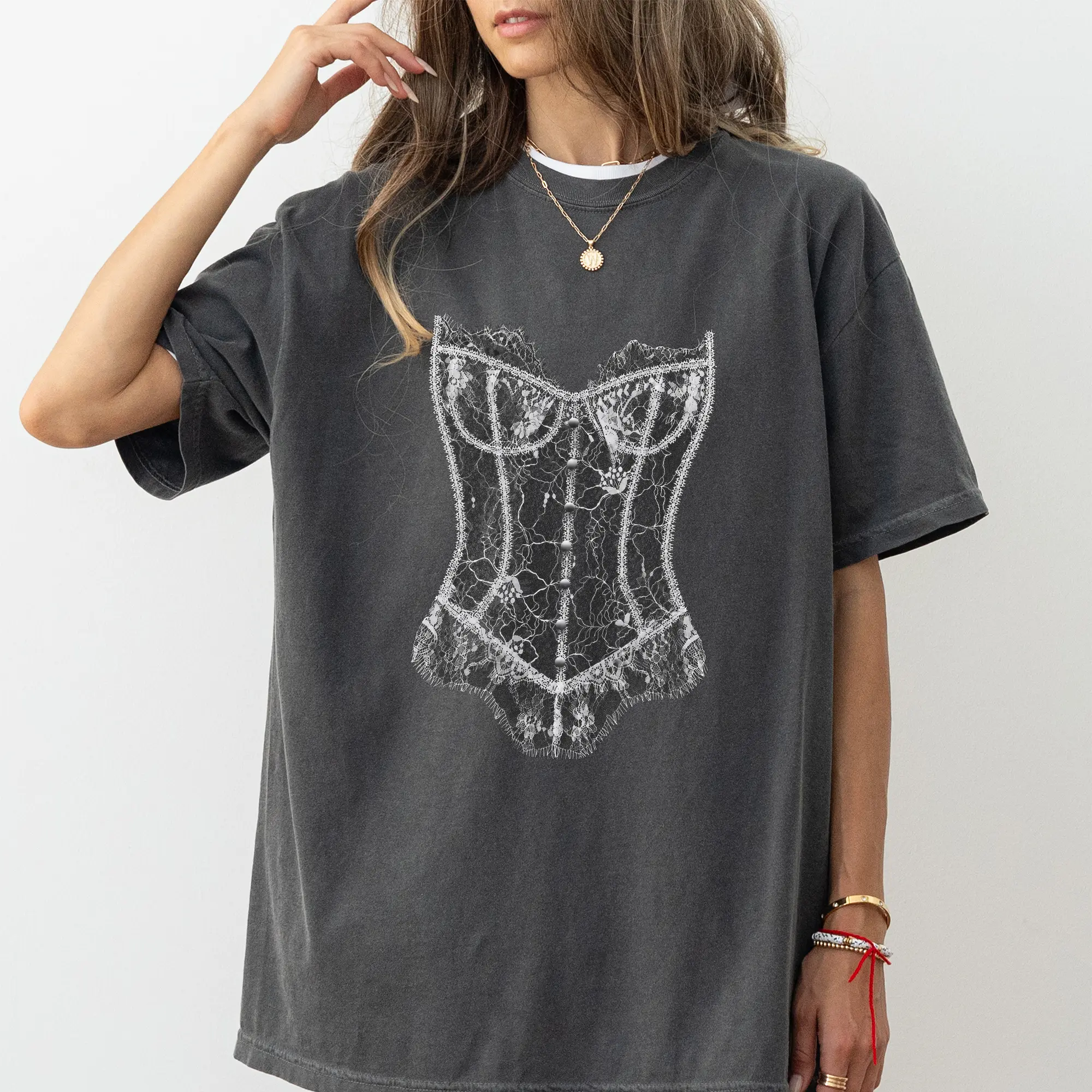 MAPTEES Lace Corset Shirt, Lace Lingerie Heavyweight Cotton Graphic Tee, Dark Feminine T-shirt, Romantic Goth Outfits, Gift For Her Clothing