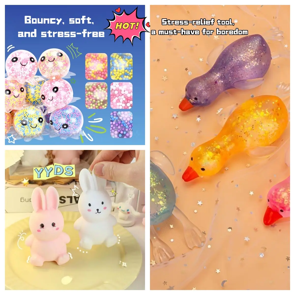 3-Piece Tough Soft Silicone Sensory Bundle - Maltose Duck, Bunny, Glowing Octopus Fidgets, Squeeze Ball, Mini Character Toys for Commute Stress Relief, Classroom Rewards (1 Size)