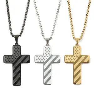 Cross Design Long Necklace for Men,Stainless Steel  American Flag Pendan Chain Cleanfit Style Daily Decor Jewelry Gift