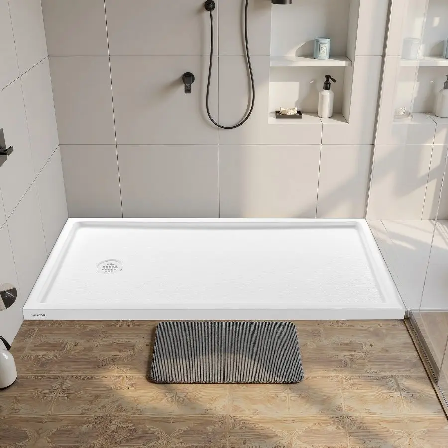 【Summerfinds】 60x30 in Single Threshold Rectangle Acrylic PVC Shower Pan, White Slip-Resistant Bathroom Fixtures with Left Drain, Drain Cover, Shower Bath Accessorydealsforyoudays