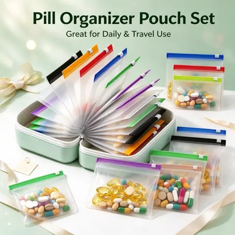 A8 Waterproof Binder-Style Medical Organizer Set - BPA-Free PU Shell Large Healthcare Holder with 14 Color-Coded Reusable Zippered Pockets, Pill Pack Storage Boxes, Portable Medicine Organizer for Travel Meds, Vitamins, Portable Medicine Organizer Storage
