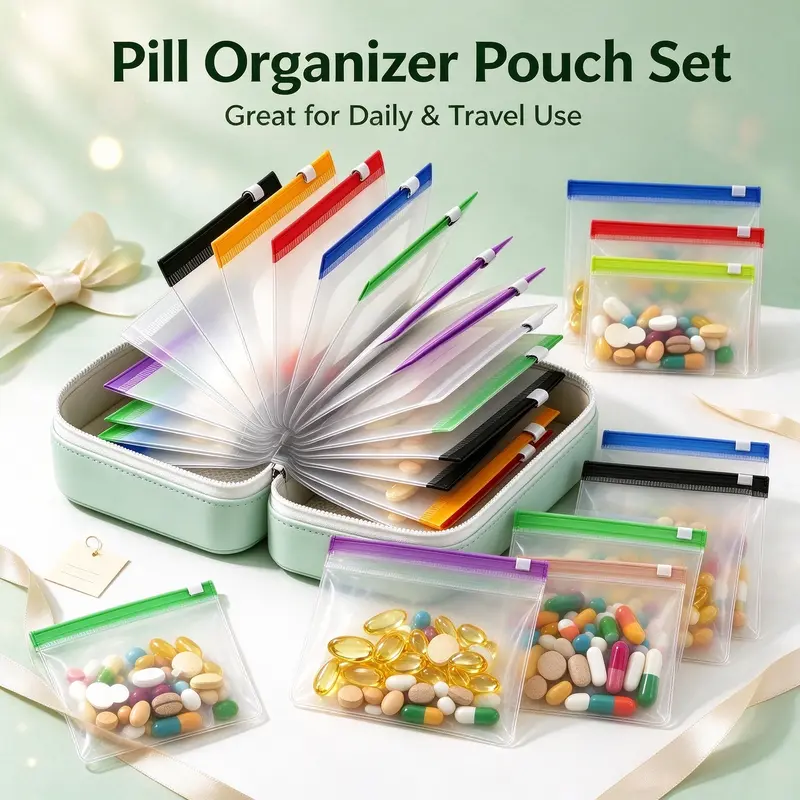 A8 Waterproof Binder-Style Medical Organizer Set - BPA-Free PU Shell Large Healthcare Holder with 14 Color-Coded Reusable Zippered Pockets, Pill Pack Storage Boxes, Portable Medicine Organizer for Travel Meds, Vitamins, Portable Medicine Organizer Storage