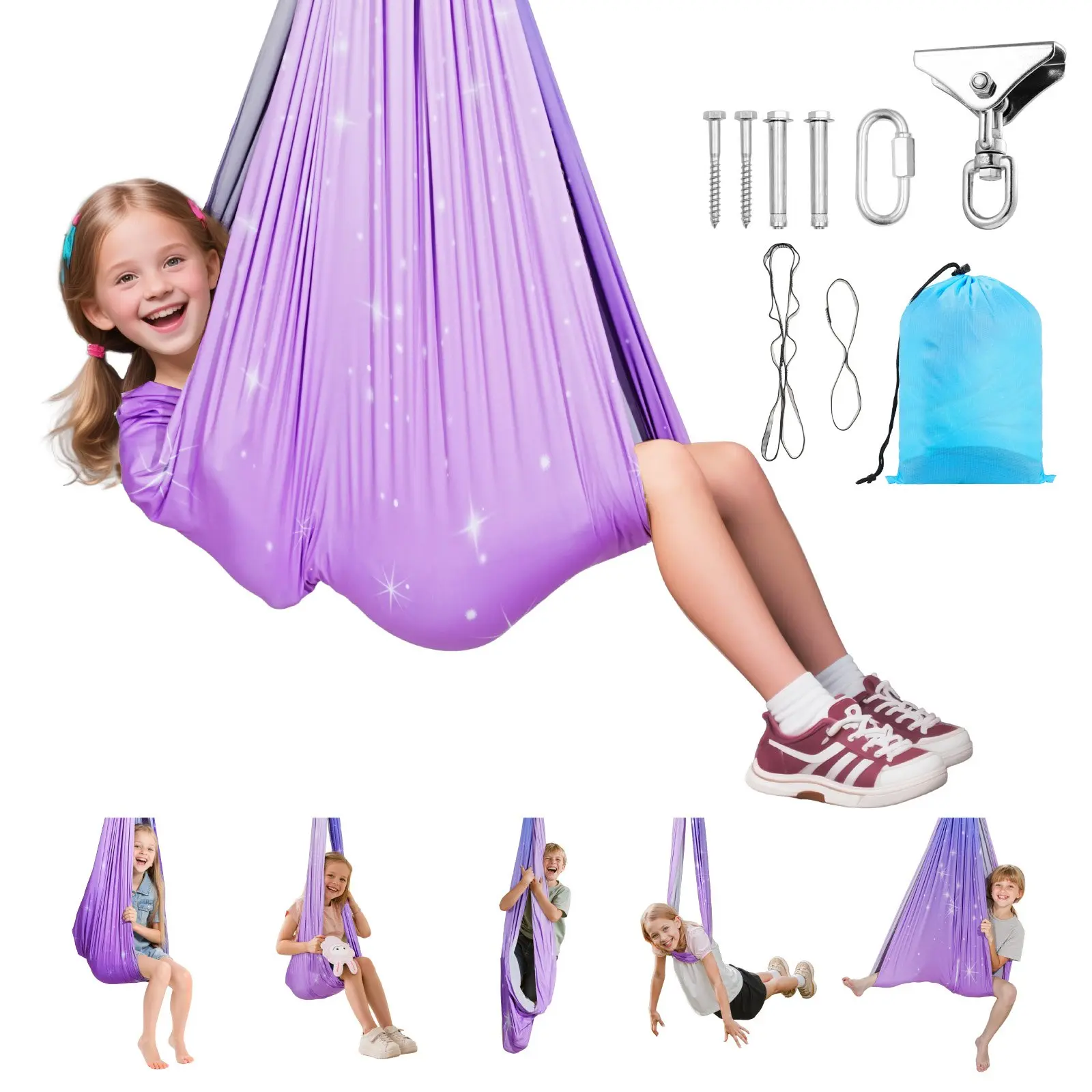 VEVOR Sensory Swing, Double-Layer Fabric Sensorys Hammock, Indoor Outdoor Sensory Swing with 360 Swivel Hanger, O-Sling, Holds up to 300lbs, Adjustable Aerial Yoga, Ceiling Swings for Kids