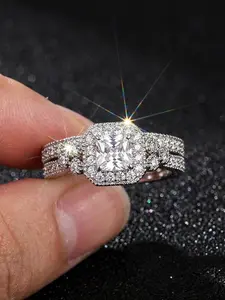 2 Piece Simple Copper Zircon Ring Set, Elegant Plain Design, All Seasons Jewelry, No Precious Metal Plating, Perfect Gift