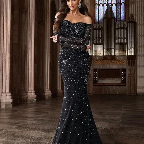 Off The Shoulder Rhinestone Mermaid Prom Dress Long Sleeve Formal Evening Gown Elegant Glamorous Mesh Party Dress