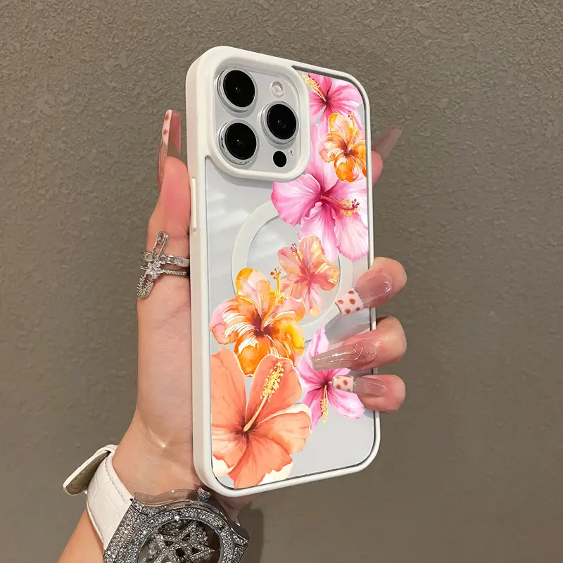 Magnetic Protective Case for iPhone 17 16 E Pro Max 15 Plus 14 13 12 11 XS XR, Girly Hibiscus Watercolor Art Design | Shockproof, Silicone, Stylish, Trendy, and Scratch Resistant
