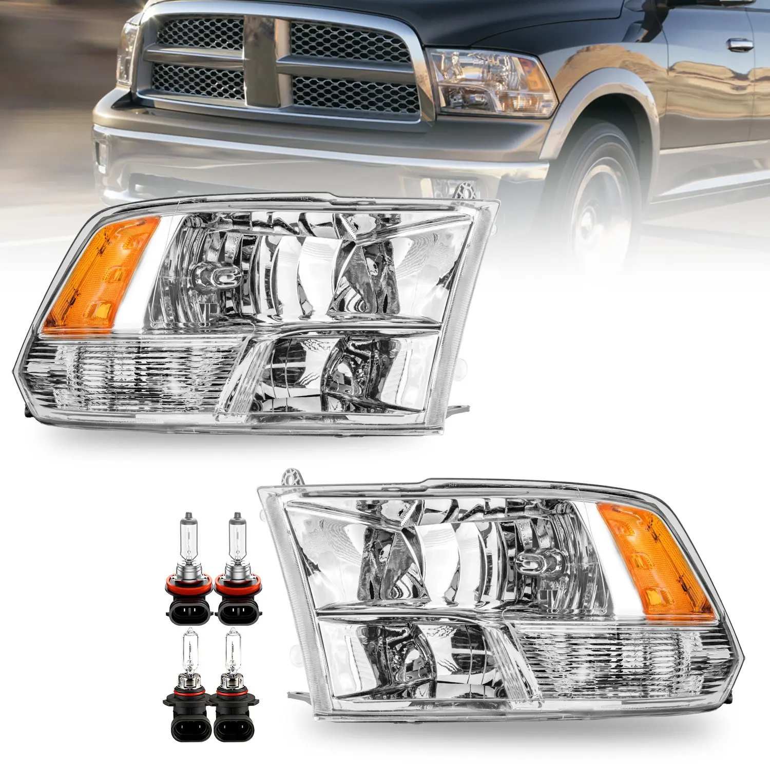 Headlight Assembly w/Bulbs for 2009-2018 Dodge Ram 1500, for 2010-2018 Dodge Ram 2500 3500 Pickup Halogen Headlamp Replacement (Fit Quad Style Halogen Headlamp Only)