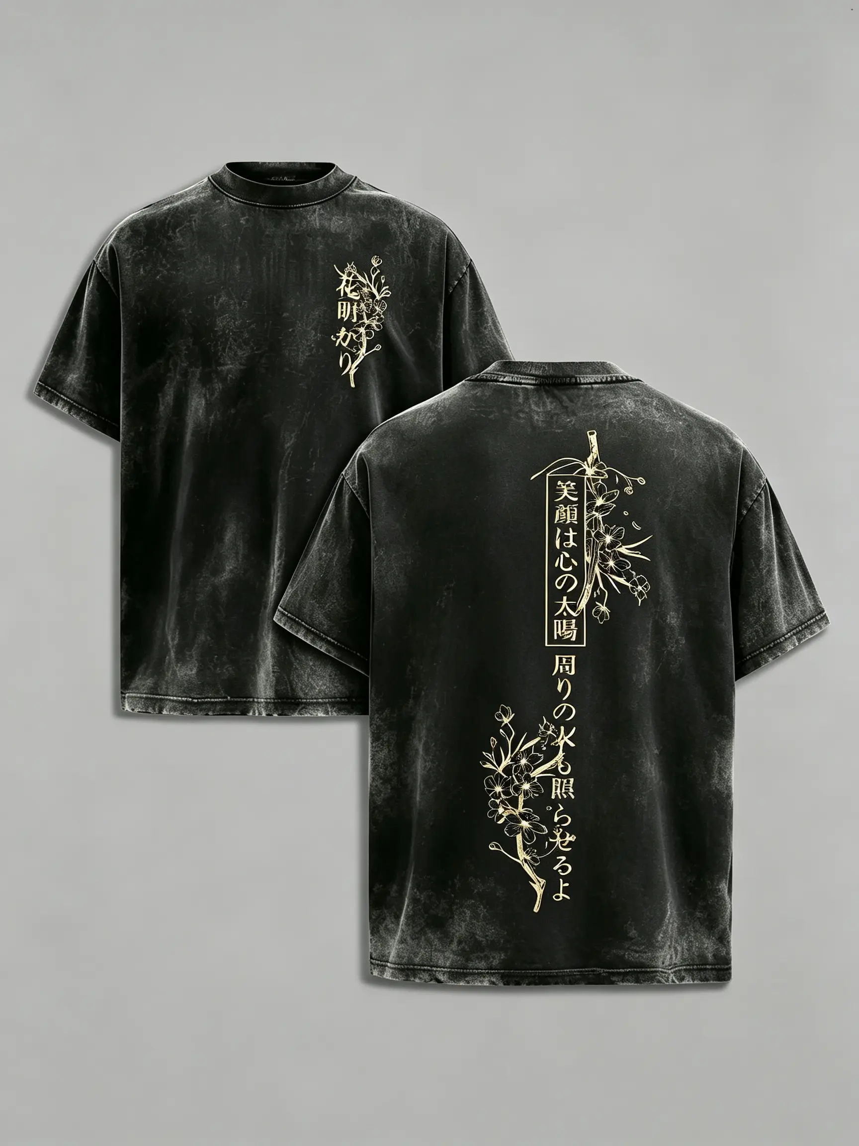 Men's Cherry Blossom Samurai Print T-Shirt, Vintage Washed Oversize Short Sleeve Casual Streetwear Top Loose Tshirt