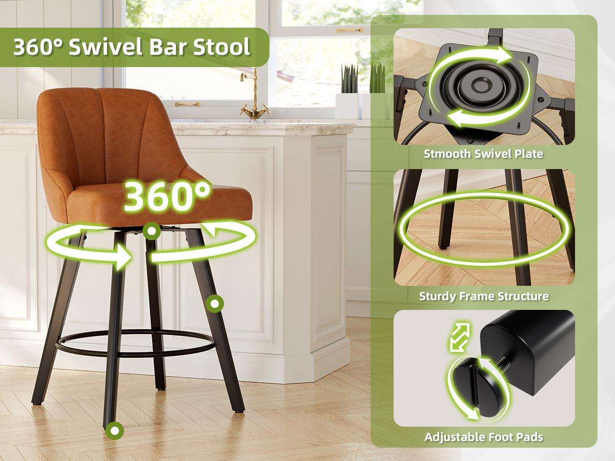 25" Swivel Bar Stools Set of 3 PU Leather Counter Height Bar Stools with Back, Fabric Swivel Counter Stool with Wooden Legs & Metal Footrest, Upholstered Bar Chairs for Kitchen Island, Bar, 350Lbs