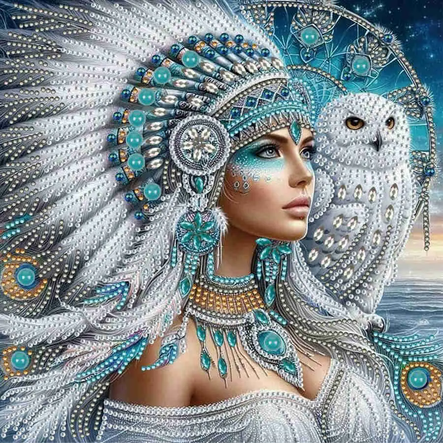 Boho Native American Woman & White Owl Diamond Painting Kit, featuring turquoise tribal headdress and starry ocean background, spiritual wall art, 5D round & square rhinestone diamond embroidery cross stitch DIY home decor, DIY Craft Supplies