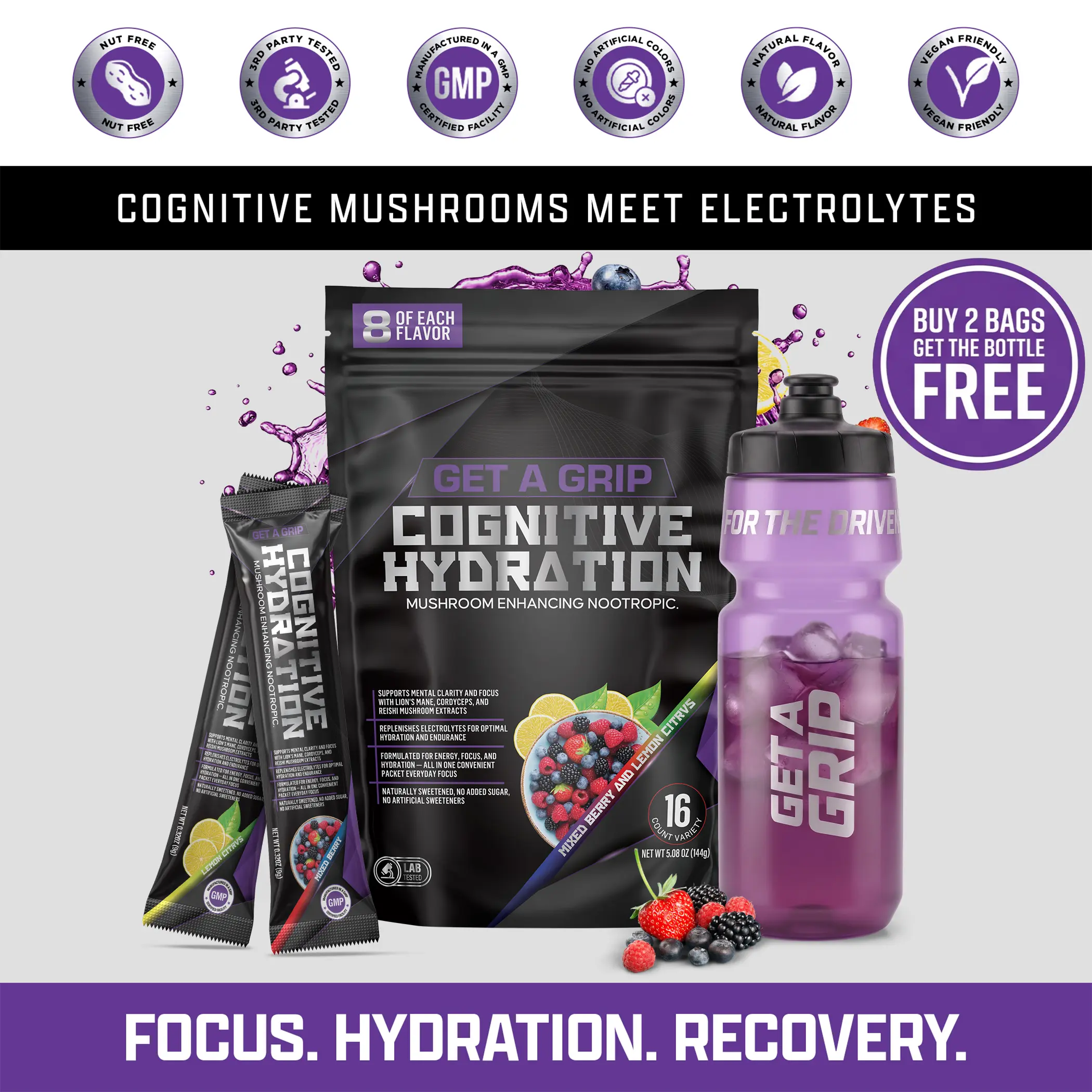 Get A Grip Electrolyte Powder with Lion’s Mane & Cordyceps – 16 Count Sugar-Free Keto Drink for Hydration & Focus