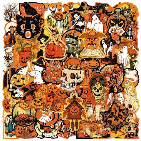 50pcs Retro Halloween Series Graffiti Stickers Decorative Sticker Suitable for Suitcases, Mobile Phone Cases, Cellphone Casing, Laptops, Helmets, Skateboards Waterproof Decoration DIY Creative Stickers