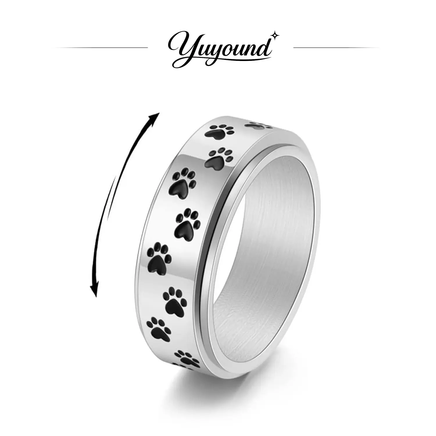 Unisex Paw Print Spinner Metal Ring, Soothing Stress Relief Band for Men and Women, Fashion Jewelry Accessory, Sizes 8-10, Metal Rings, Anti Anxiety Jewelry, 2.2Cm, Casual Wear, Rotatable Band, Metal Coating