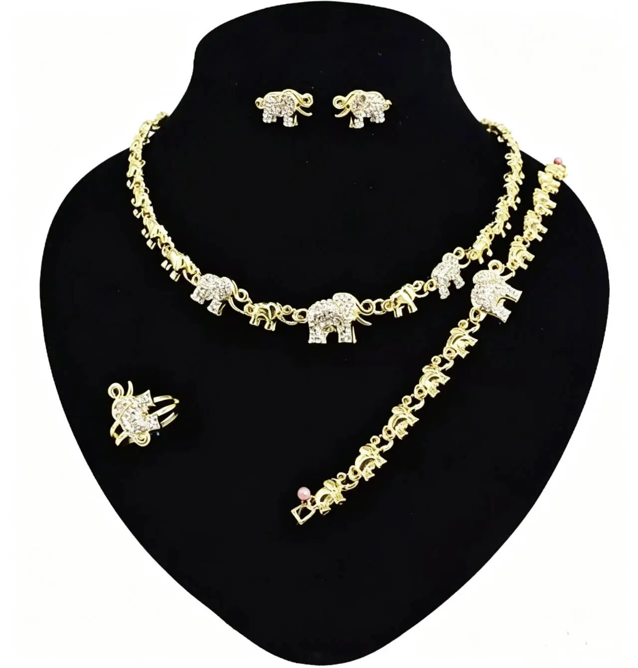 4PCS 18K Gold Elegant Heart Design Jewelry Set - Gold Tone Necklace, Bracelet, Earrings, and Ring with Rhinestones