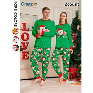 Christmas Couple Pajamas Set, Santa & Reindeer Print Top & Pants, Casual Fall Winter Home Wear, Thin Kint Fabric, Fitted StyleGift