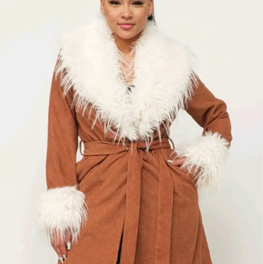 Women's Faux Fur Trimmed Corduroy Coat with Belt - Comfortable and Stylish - Jackets