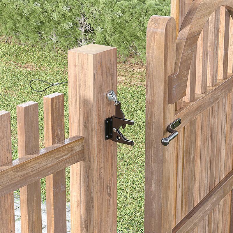 Self Locking Gate Latch with Spring Cable Pull, Automatic Gravity Lever Gate Fence Door Lock, Door Security Lock for Wooden Fence/Vinyl Door/Aluminum Gate