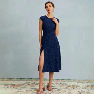 The Navy Round Neck Polka Dot Cutout Midi Dress Summer Womenswear