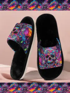 Colorful Skull Print Home Shoes for Women & Men, Easter Birthday Gift, Comfortable Soft Non-Slip Indoor Slippers, Slide, All Seasons, Couple Style, Footwear