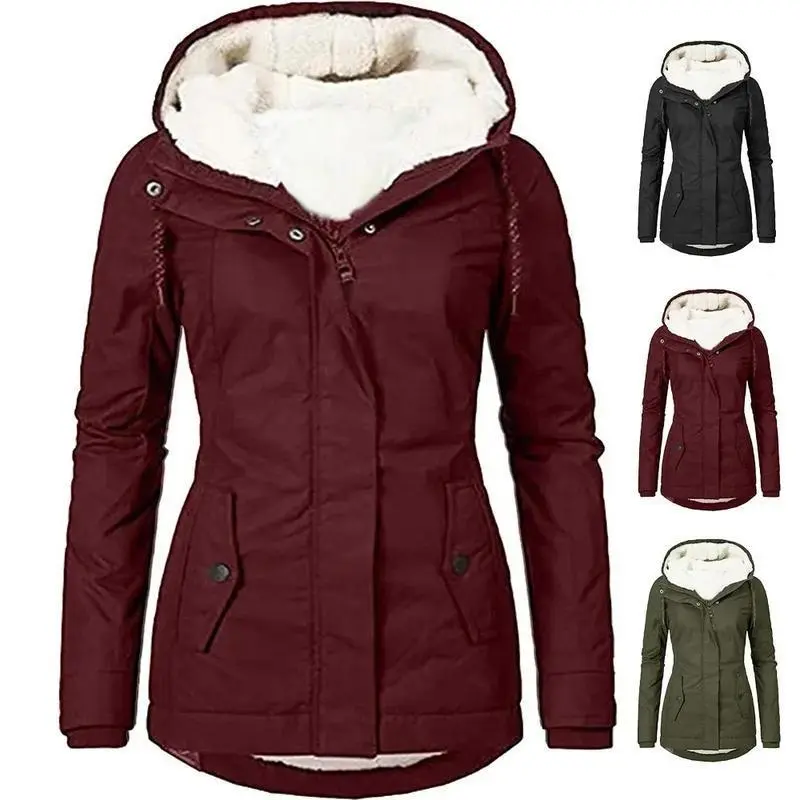 2023 Hooded Women Splice Zipper Coats Loose Casual Pockets Parkas Regular Thick Full Sleeve Warm Solid Jackets Autumn Winter camouflage design plush sweatshirt winter  clothes