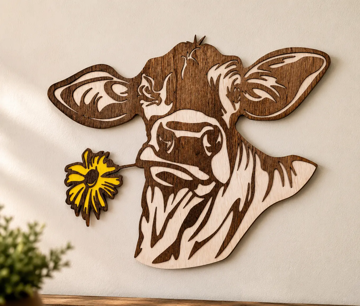 Layered Cow Wood Wall Art | Handmade Laser Cut Farmhouse Cow Decor | Rustic Farm Animal Wooden Wall Hanging | Country Home Decor | Cow Lover Gift