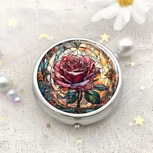 Flower Pattern Round Pill Box, 3 Compartment Mini Decorative Pocket Purse, Portable Travel Medicine Tablet Vitamin Holder Organizer, Supplement Organizer, Healthcare