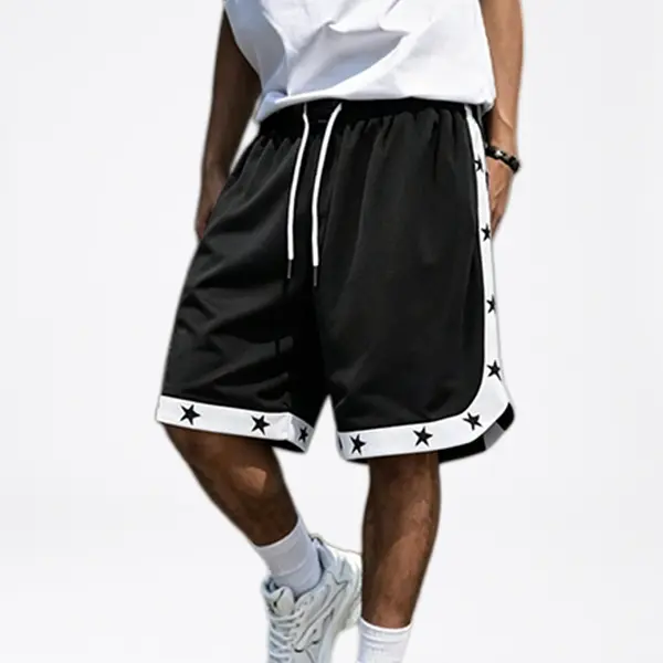 Men’s mesh basketball shorts with star trim, black and white loose fit athletic shorts, drawstring quick-dry breathable gym workout shorts, hip-hop streetwear casual shorts for summer