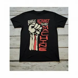 100% Cotton Rage Against The Machine Band Pattern T-Shirt - Vintage Red And White Font And Fist Raising Bone Skull Vintage Design - Black Loose Unisex Casual T-Shirt S-3XL - Machine Washable Summer Music Fan Clothing, C Golf Gift men's graphic tee