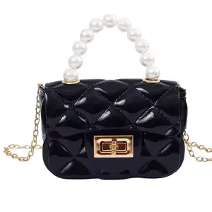 Playful Fun and Cute Mini Jelly Handbag with Pearl Handle Comes in 4 Different Colors Quilted Design and Gold Chain Strap