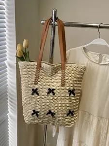 Beach Vacation Woven Bag, Women's Colorblock Tote, Large Capacity Portable Beach Holiday Bag, Summer Travel Essential with Tassel Charm